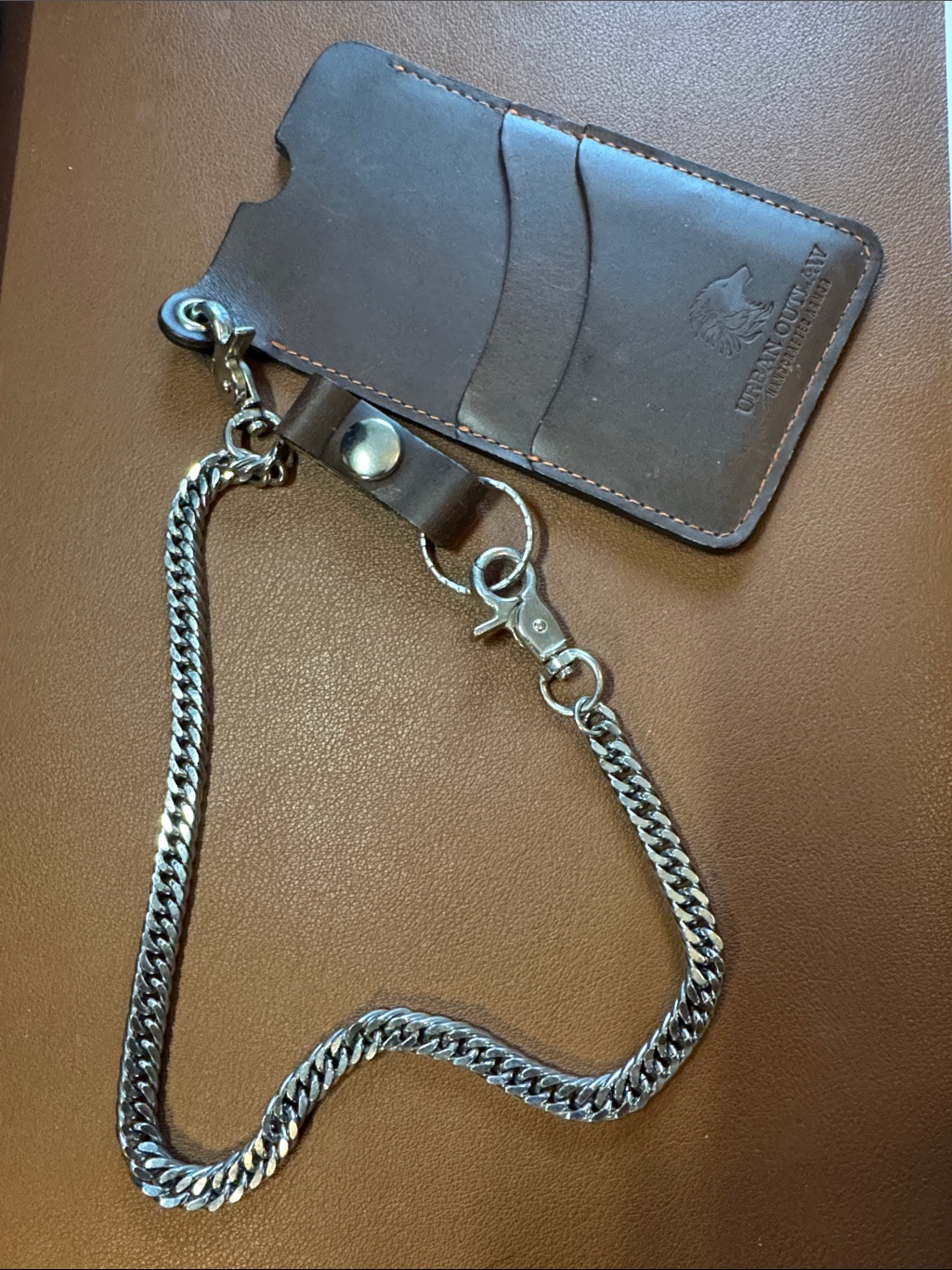 Leather Card Holder With Chain  Dark Brown